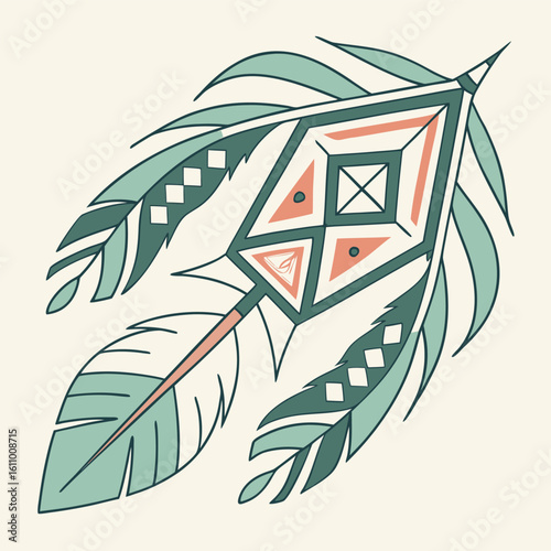 Modern minimalist take on traditional Ikat vector design using simplified diamond and arrowhead shapes in a limited color palette of soft teal sand and clay with subtle blurred edges clean symmetrical
