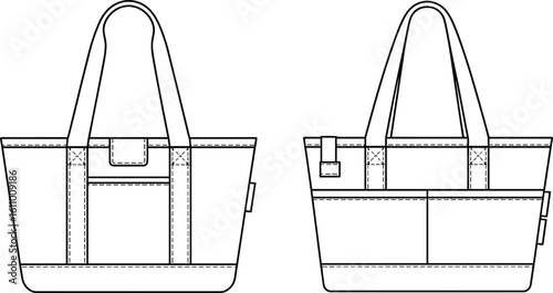 CAD drawing flat vector illustration of tote bag design, front and back view, detailed stitching, fashion template, sewing accessory layout