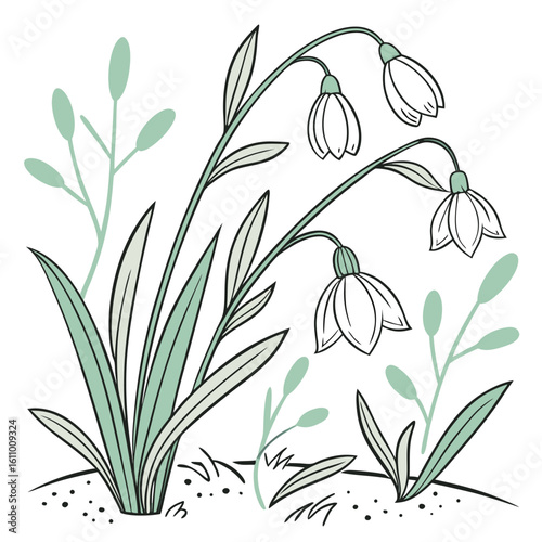 Spring-themed botanical vector featuring budding branches sprouting leaves and soft green foliage drawn in fine lines with pastel hints of new growth clean and minimalist style