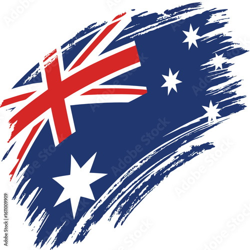 Artistic vector representation of the Australian flag painted in broad expressive brush strokes abstract placement of stars and Union Jack elements bold blue red and white colors