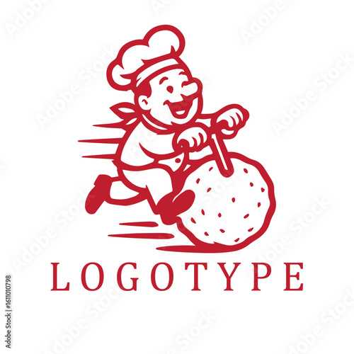 Playful red and white logo of a chef riding a giant meatball like a scooter, captured in a quirky, dynamic pose.