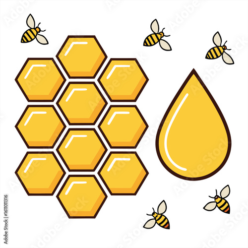 Beehive with bees honey drip flat icon.