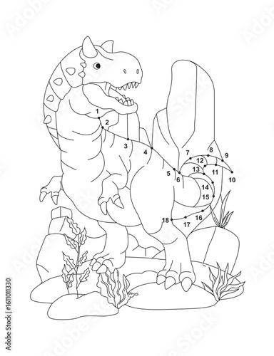Carnotaurus (Solved) Connect the Dots Activity Page for Kids – Fun Dot to Dot Dinosaur Puzzle