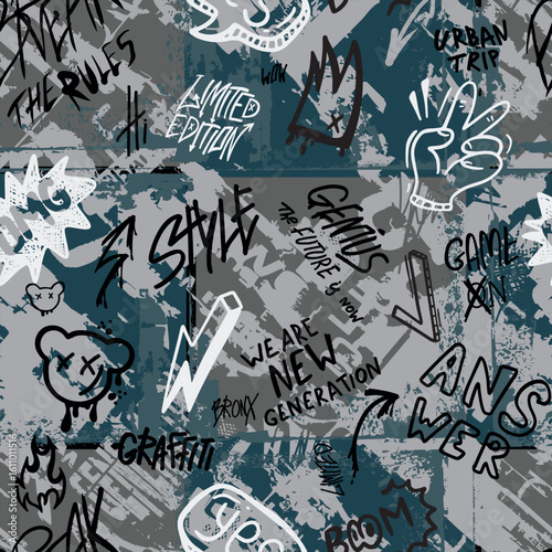 Abstract seamless chaotic pattern with urban geometric elements, scuffed, drops, sprays, triangles. Grunge neon texture background. Wallpaper for boys and girls