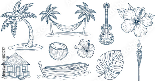 A diverse collection of tropical island life elements