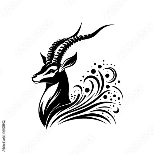 Stylized gazelle head with ornate swirling design