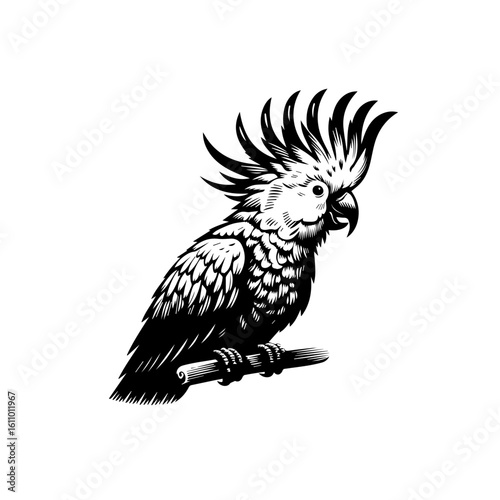 A detailed ink drawing of a cockatoo perched on a branch