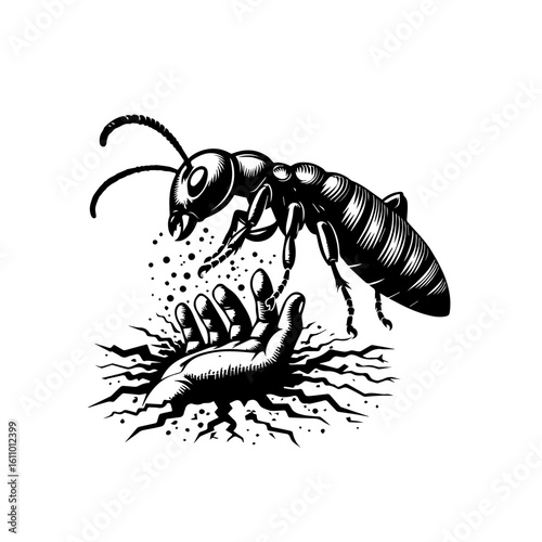 An ant attacks a struggling human hand