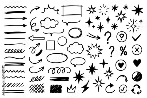 sketchy scribble icons and elements in black, including arrows, stars, hearts, symbols, question marks, bubbles, clouds and hand drawn accents