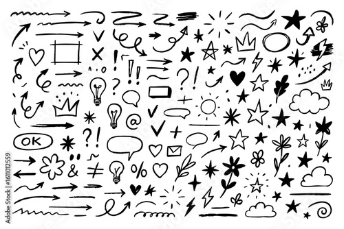 hand drawn black doodle elements collection on white background, sketch arrows, stars, flowers, symbols and scribbles for planner design, journaling, social media, creative projects