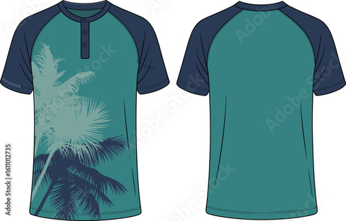 CAD drawing flat vector illustration of tropical palm henley shirt, button front design, summer fashion garment, casual beachwear layout