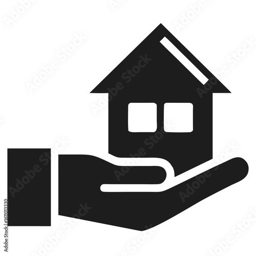 Black silhouette hand holding house outline depicting real estate aspiration on white