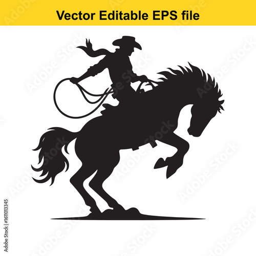 Silhouette of a cowboy riding a bucking horse with a lasso