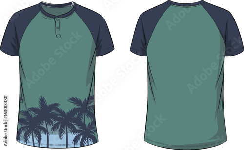 CAD drawing flat vector illustration of tropical t-shirt, green body, navy sleeves, palm print, summer fashion layout, beachwear design