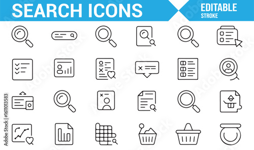 Set of Search Icons Representing Lookup, Investigation, and Discovery