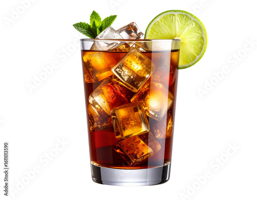 Cuba Libre Cocktail in Highball Glass with Lime Wheel, Transparent PNG Isolated