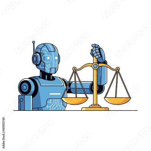 A futuristic robot holds a balance scale, symbolizing justice and technology.