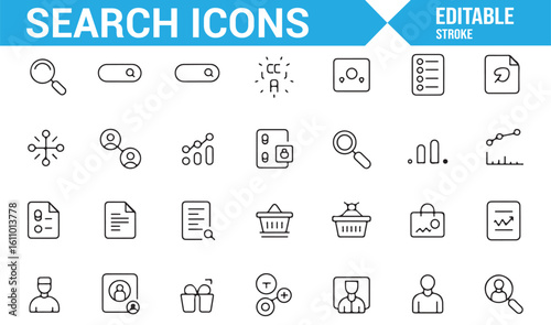Collection of Search Icons for File, Document, and Data Search