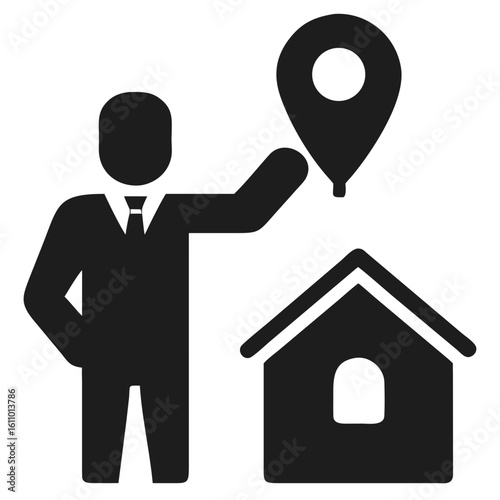Real estate agent guiding clients with location marker for property visualization black silhouette