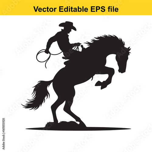 Cowboy riding a bucking horse with a lasso