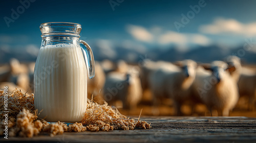  Pure Sheep Milk Jug on Rustic Wood with Mountainous Pasture Background. Perfect for food photography, agricultural content, and lifestyle visuals.