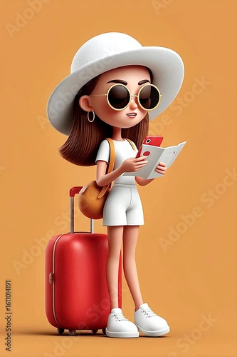 Moving video of a 3D character design: A female character is holding a bright suitcase in one hand and both a map and a phone in the other. She is wearing sunglasses and a colorful hat