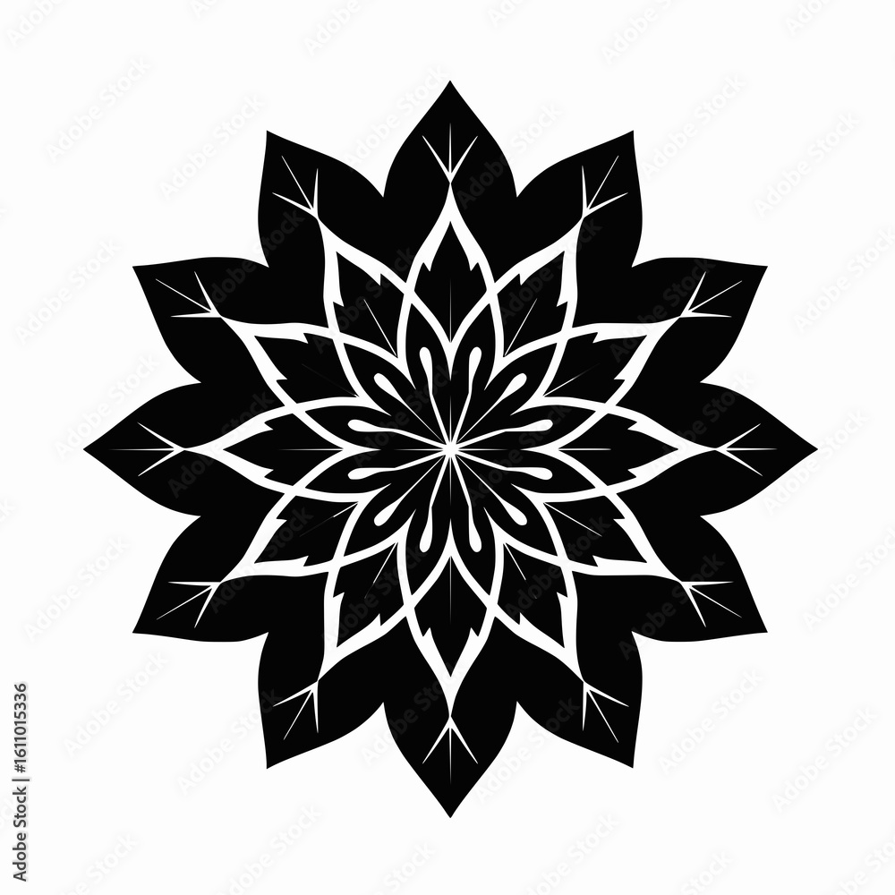 Obraz premium Black and white filled mandala with radial leaf patterns, no thin lines or gradients, centered and balanced on a white surface