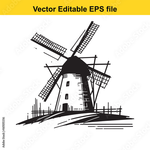 A black and white illustration of a traditional windmill