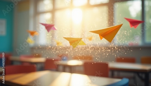 Paper Airplanes Flying in Classroom