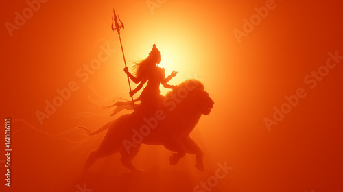 Navaratri Festival Banner, Goddess Durga with trishul riding lion, glowing aura