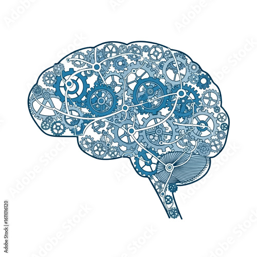 A stylized illustration of a human brain interwoven with intricate gears and cogs, suggesting a complex and mechanical mind.