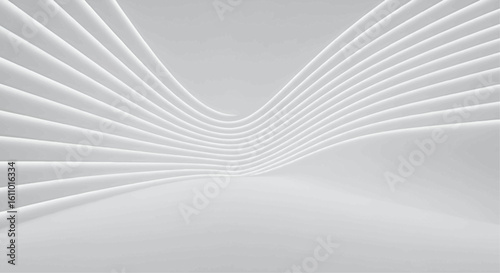 Abstract futuristic interior with flowing white luminous lines. A minimalist 3D rendered empty space as a modern architectural background.