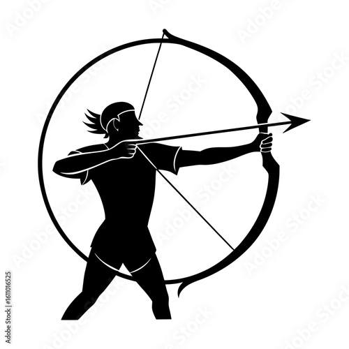 Silhouette of an archer aiming with a bow and arrow inside a circle