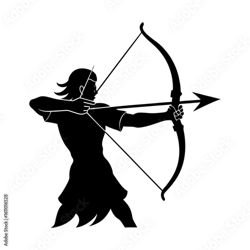 Silhouette of archer aiming bow and arrow in a ready to shoot pose