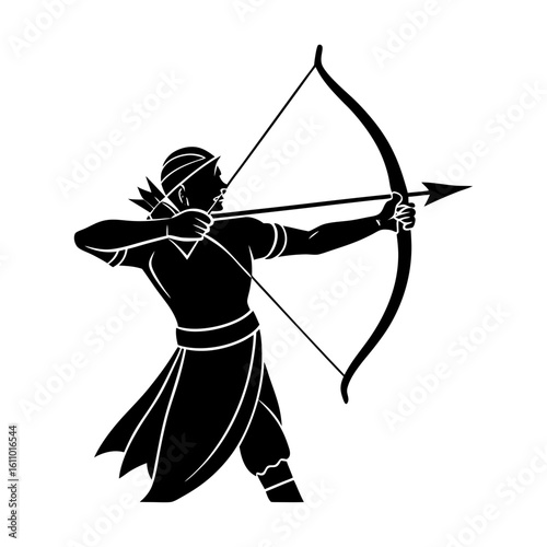 Silhouette of an archer aiming with a bow and arrow in black and white
