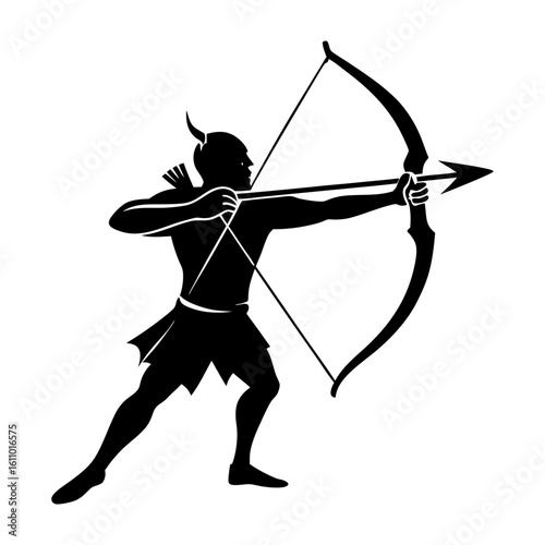 Silhouette of archer with bow and arrow aiming in a black and white art