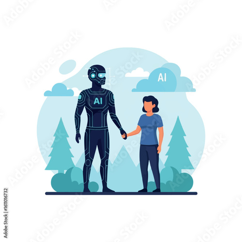 A futuristic illustration of a person and an AI robot holding hands in a natural setting.