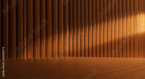 Abstract brown background with vertical slats casting dramatic shadows and warm light