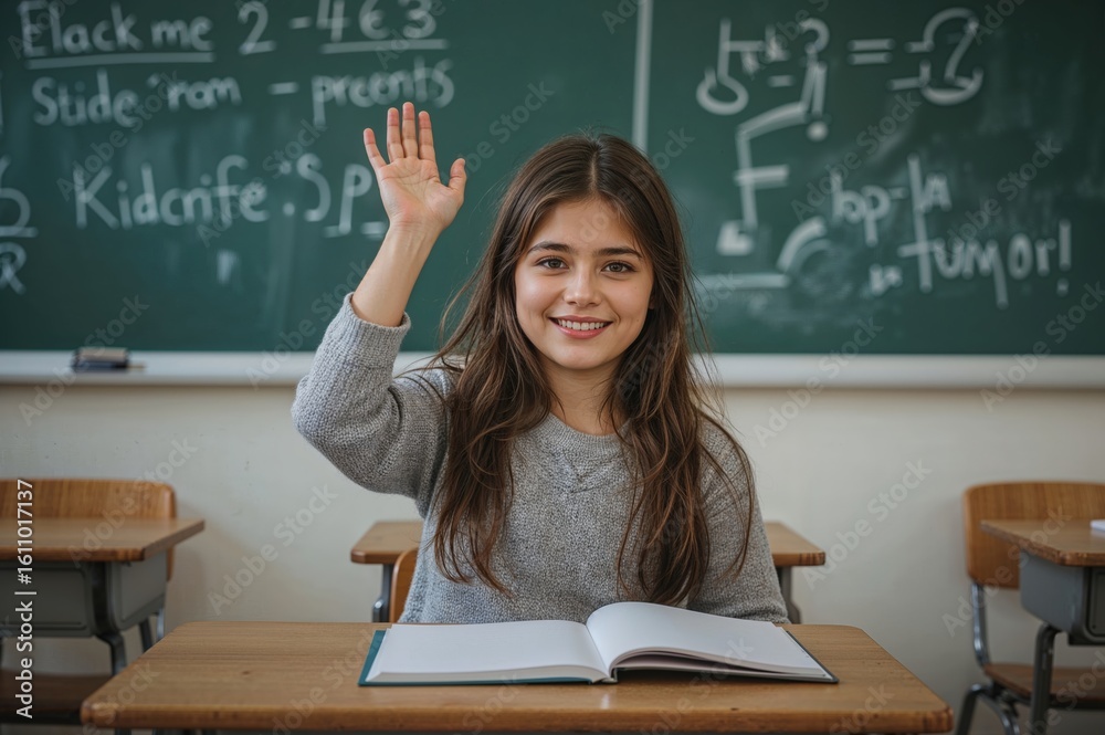 Cheerful female student with raised hand in educational setting ideal for school education learning classroom achievement materials
Cheerful female student with raised hand in educational setting ideal for school education learning classroom achievement materials