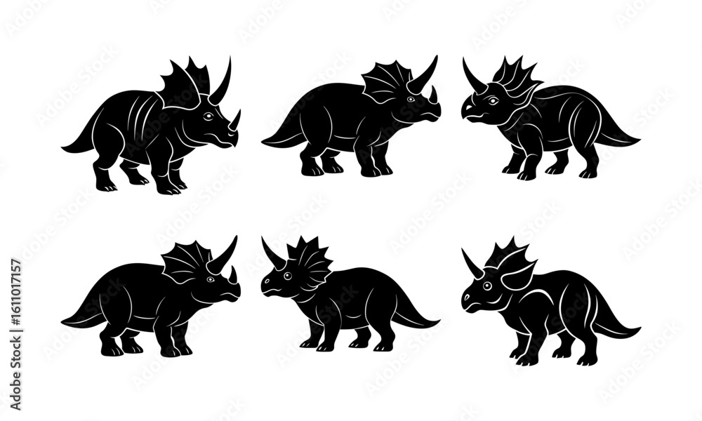 Obraz premium Silhouette illustration of six triceratops dinosaurs in black color