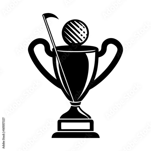 Black and white golf trophy with ball and club silhouette design art