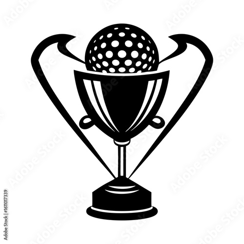 Illustration of a golf ball sitting atop a trophy in black and white