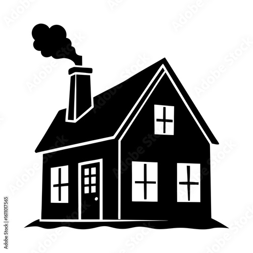 Illustration of a house with smoke coming out of the chimney in black