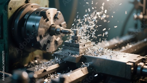 Industrial Lathe in Operation with Metal Shavings