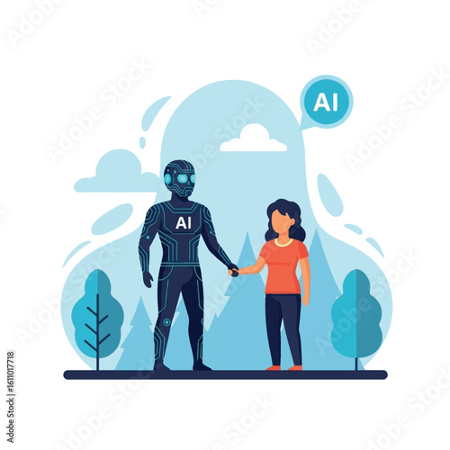 Woman and AI robot holding hands outdoors, symbolizing collaboration and partnership in a natural setting.