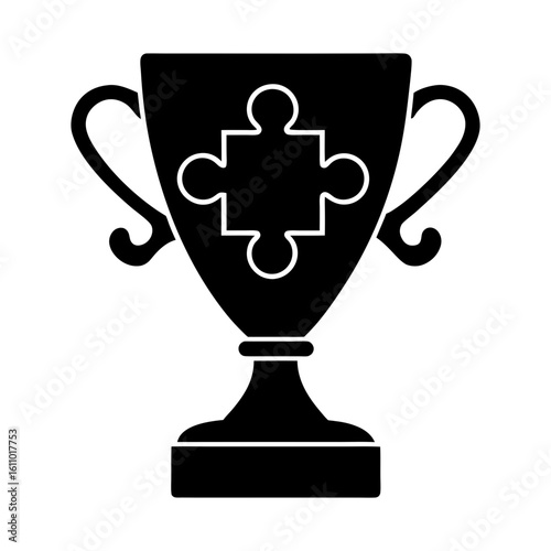 Silhouette of a trophy with handles and a puzzle piece design on front