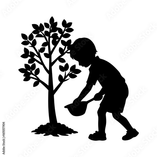 Silhouette of a boy watering a newly planted tree with a watering can
