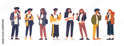 Vector smartphone characters featuring happy people using phones and tablets. Flat cartoon designs of teens chatting or listening to music. Social media icons and gadget illustration.