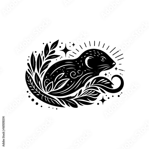 Stylized rodent illustration with celestial and floral elements