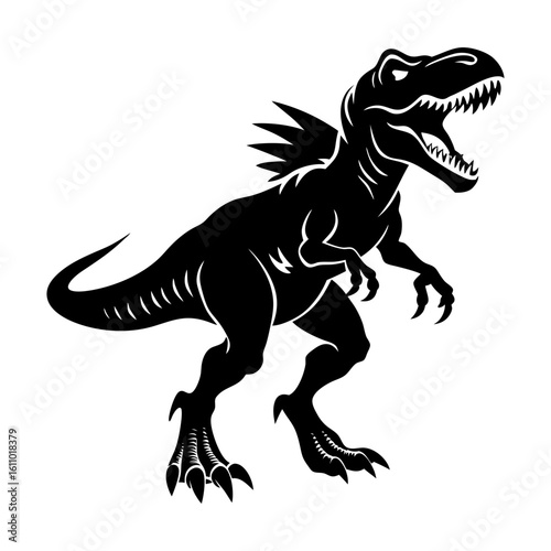 Illustration of a tyrannosaurus rex with sharp teeth in black and white